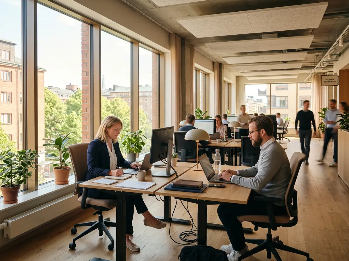 People working at desks in a spacious office with large windows and plants